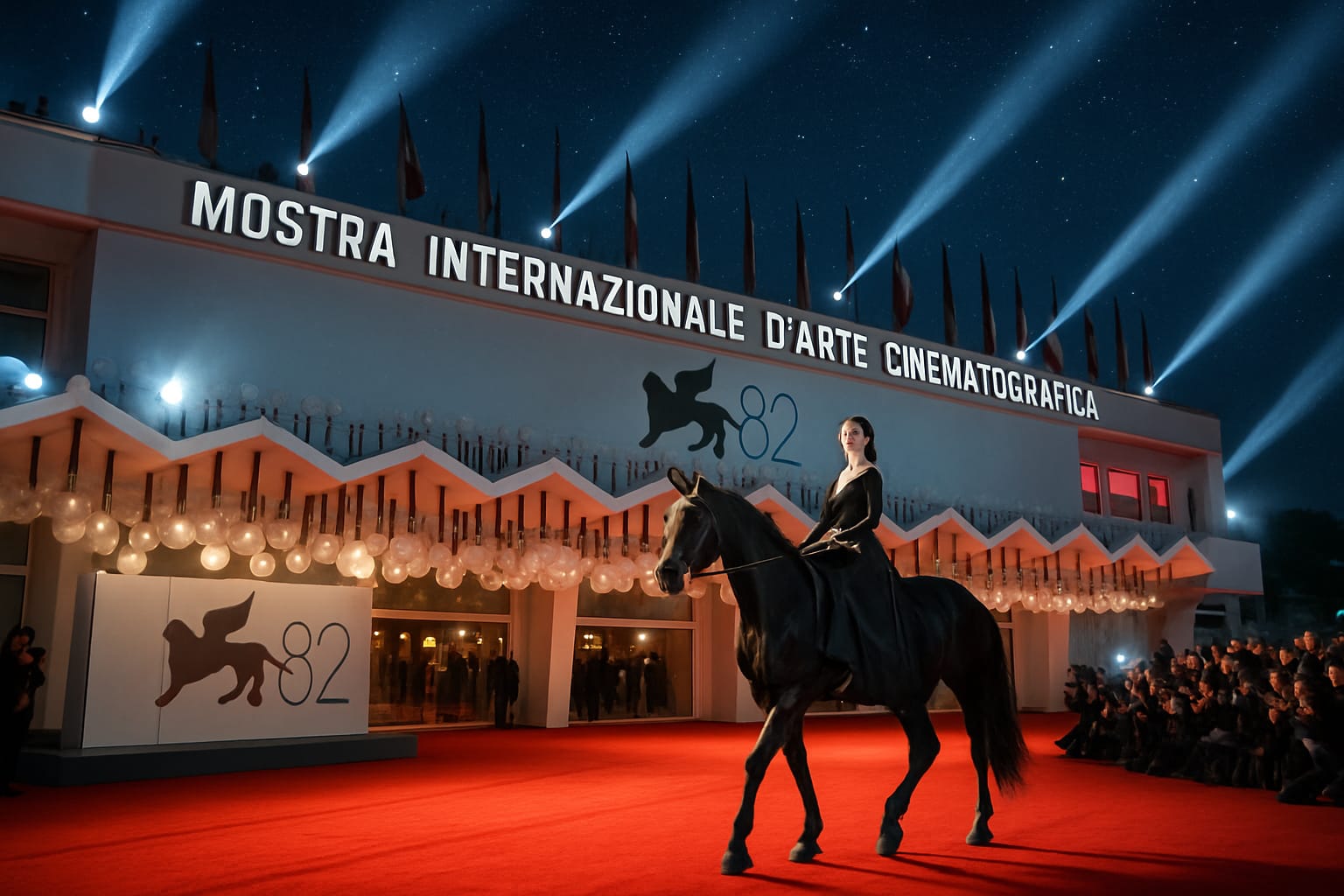 Cavallo e amazzone sul tappeto rosso davanti al Palazzo del Cinema del Lido, 82ª Mostra del Cinema